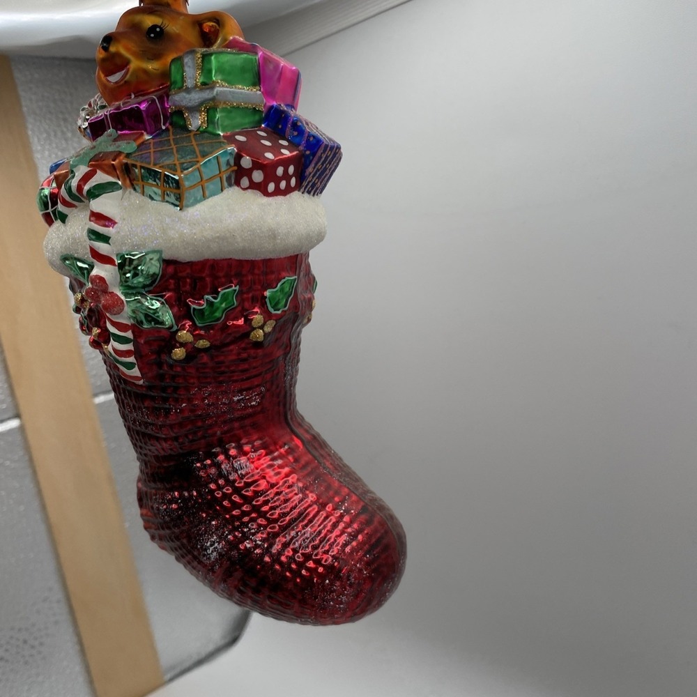 Radko Christmas Stocking Glass Ornament Red Teddy Bear Horn Gifts - Picture 8 of 16